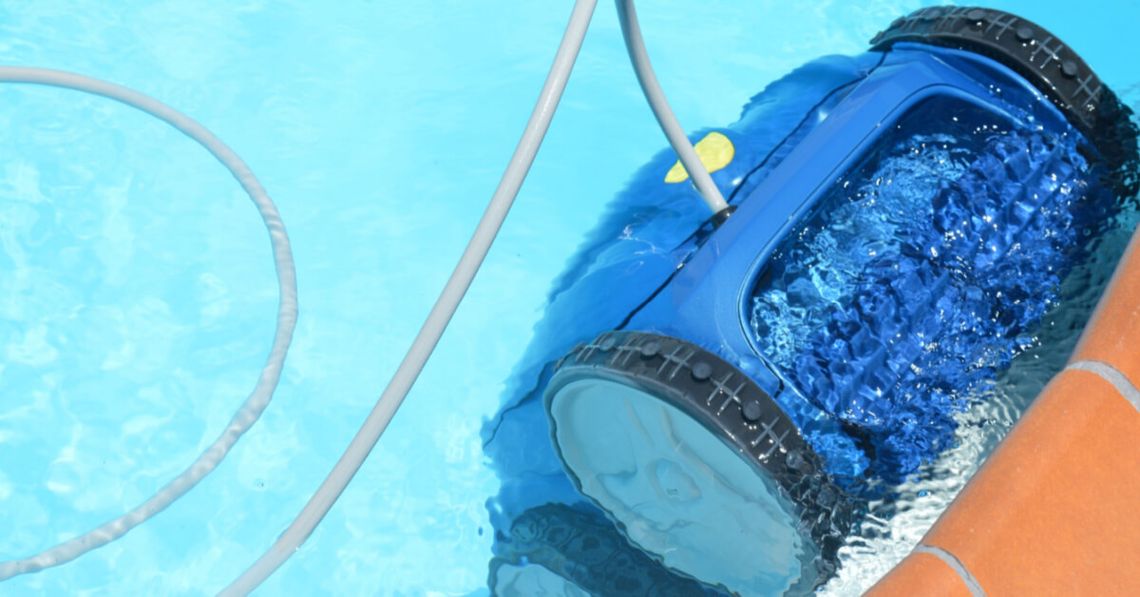 Swimming pool cleaner robot during vacuum service, maintenance.